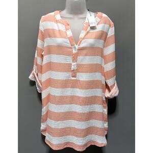 Kaktus Striped Tunic Cover Up Woman’s Sz M Coral White Gauzy Button Up Beach NWT